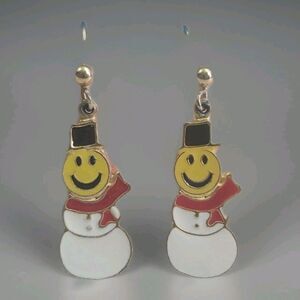 Enamel Snowman Christmas Earrings Dangle Gold Tone Whimsical  Festive Holiday